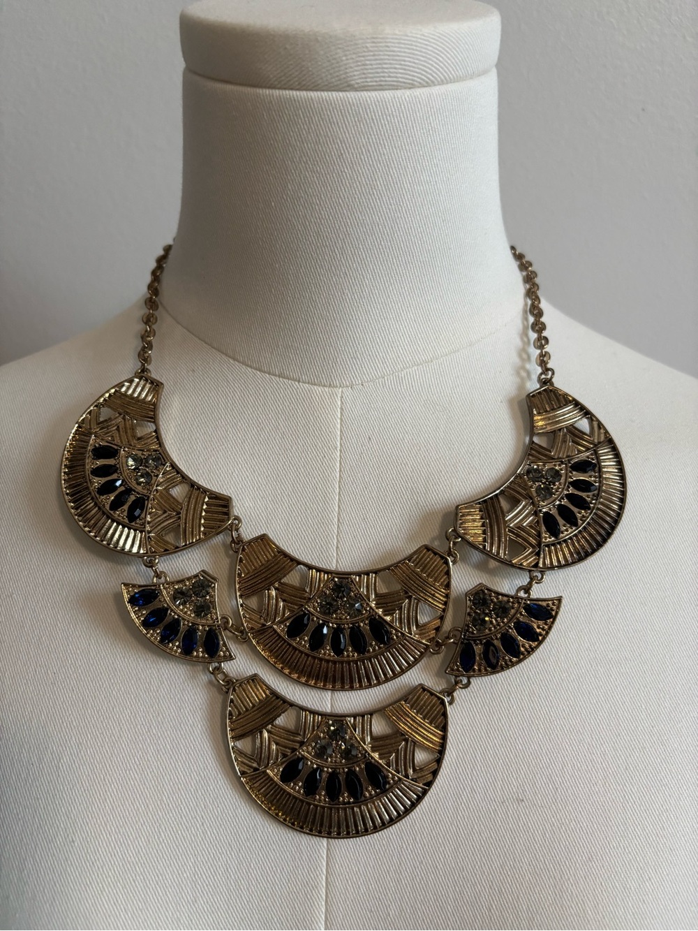 Gold-Tone Statement Necklace with Black and Navy Rhinestones25in